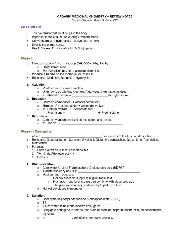 Organic Medicinal Chemistry Review Notes | PDF | Ethanol | Drug Metabolism