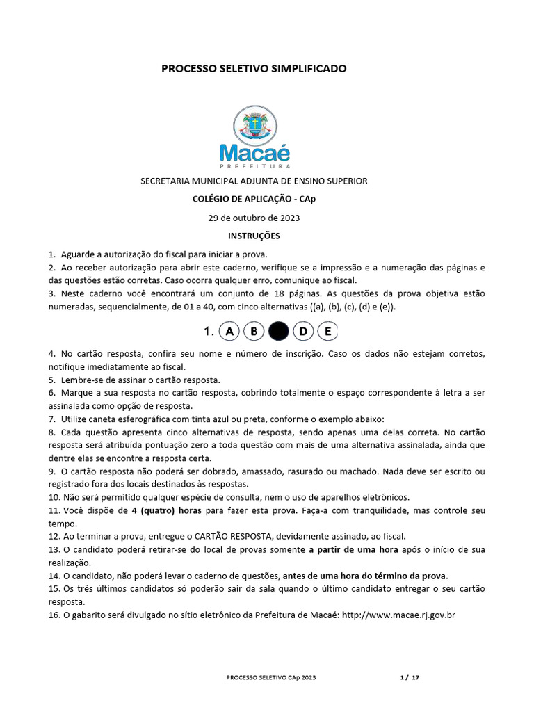 Prova do CAp Macaé 2023: Instruções e Questões | PDF