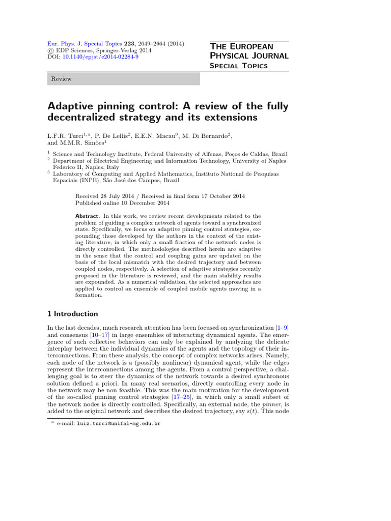 Adaptive Pinning Control A Review Of The Fully Decentralized Strategy