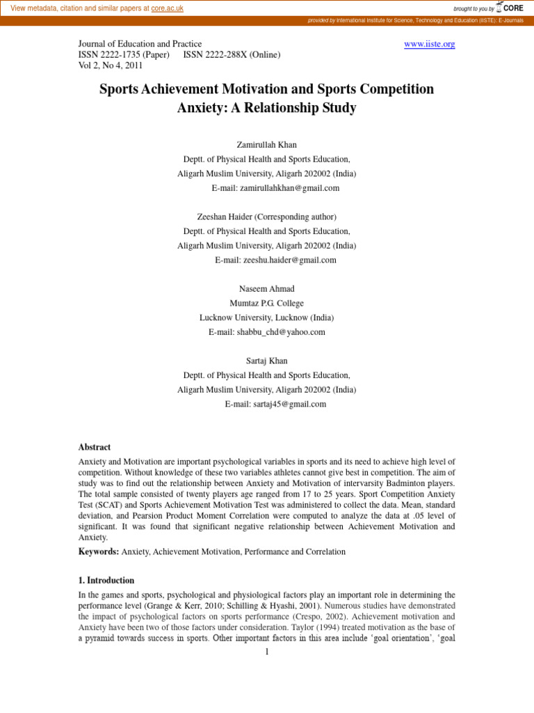 Achievement Motivation and Anxiety in Sports | PDF | Academic Journal ...