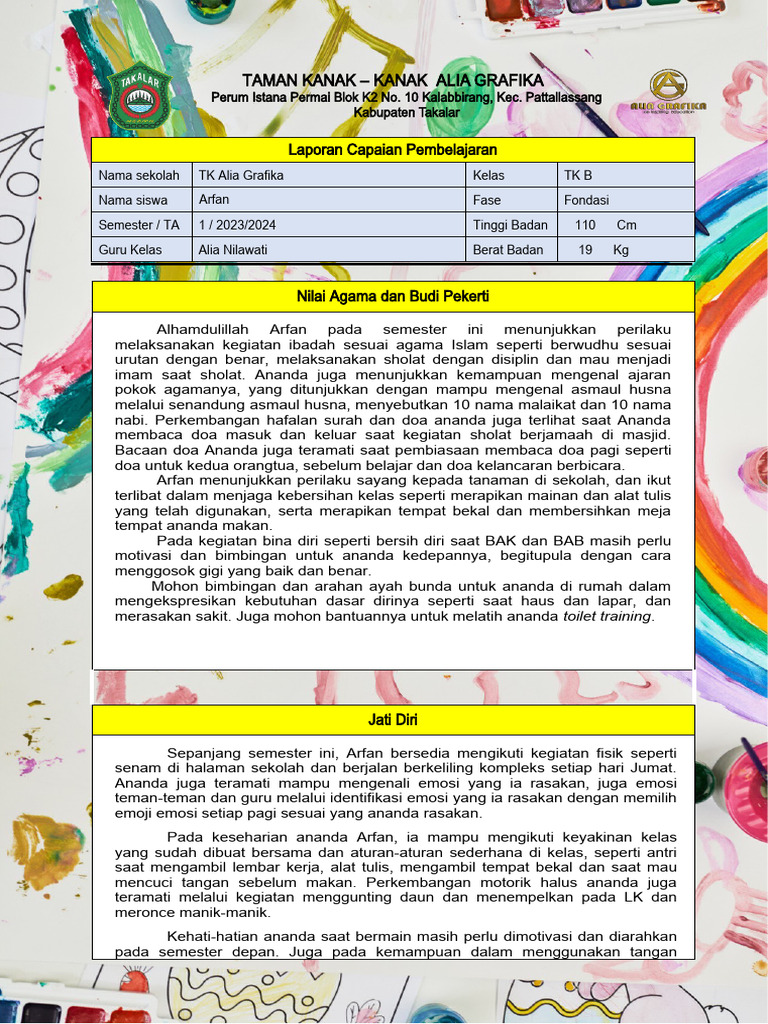 Raport Jati Diri TK B Kurikulum Merdeka | PDF
