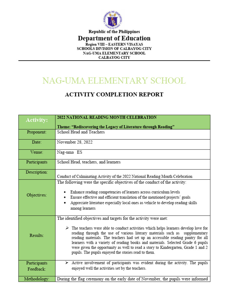 2022 National Reading Month Report | PDF | Teachers | Teaching