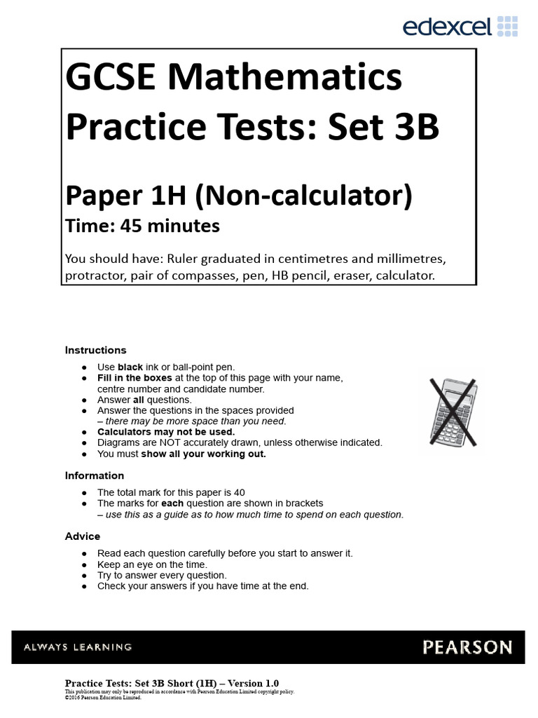 04a Practice Test Set 3B - Paper 1H | PDF | Area | Triangle