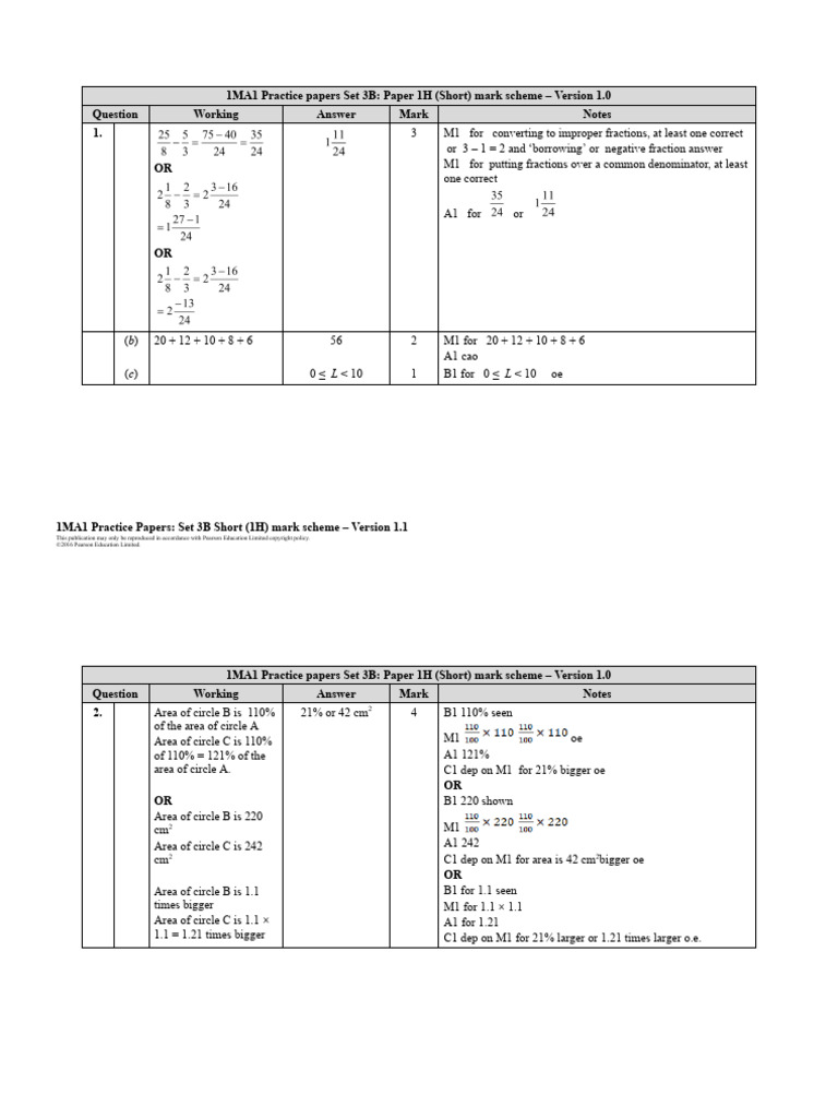 04b Practice Papers Set 3B - Paper 1H Mark Scheme | PDF | Arithmetic ...