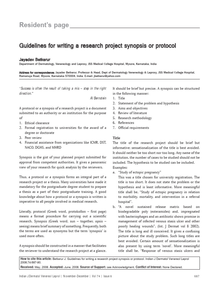 Guidelines for writing a research project synopsis or protocol pdf