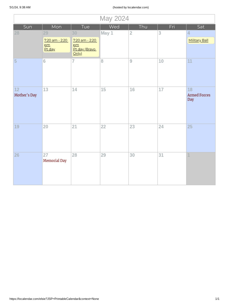May 2024 Printable Calendar Events | PDF