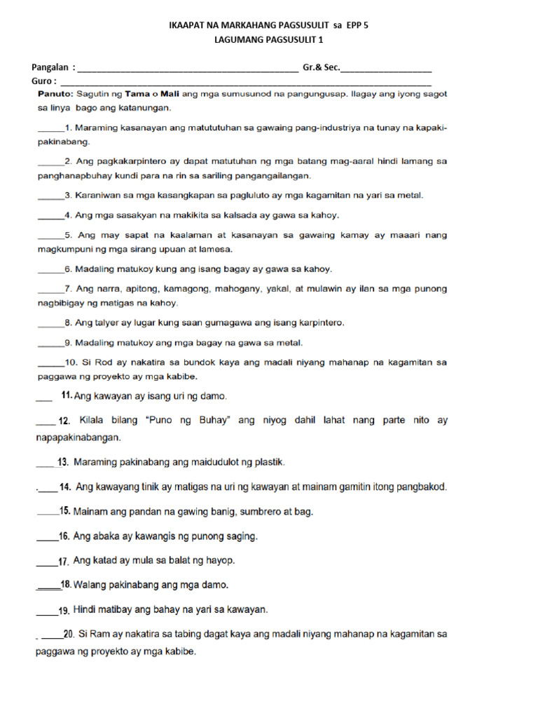 Ikaapat Na Markahang Pagsusulit Sa Epp 5 (1-4) | PDF