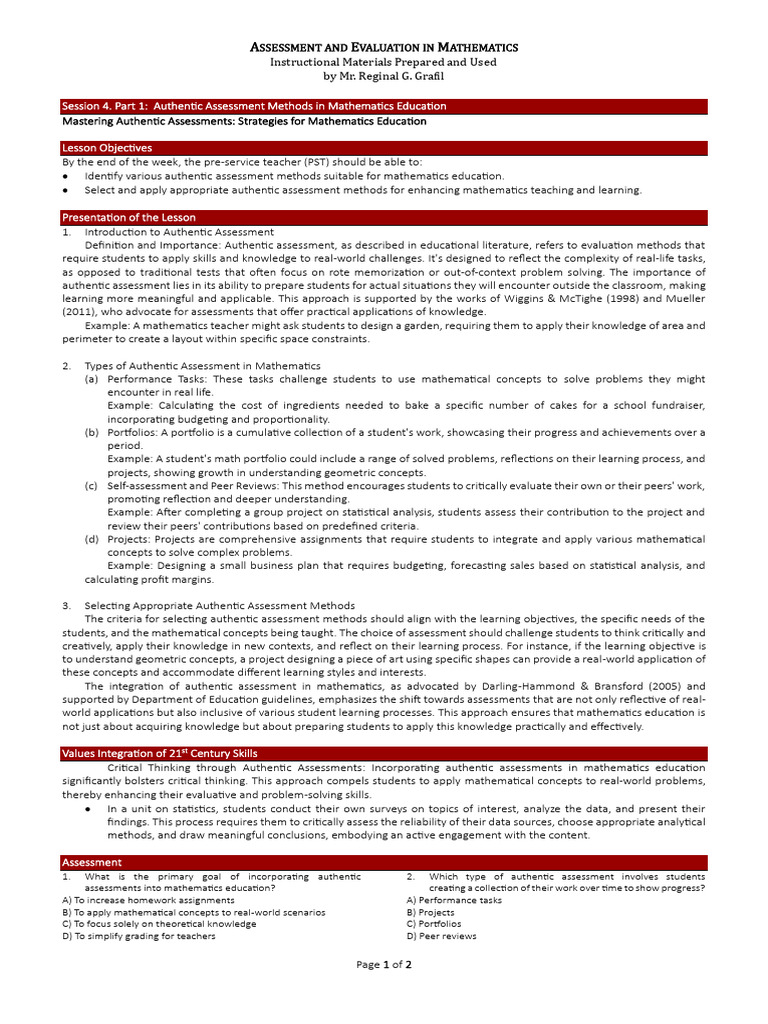 Authentic Assessment in Math Education | PDF | Educational Assessment ...