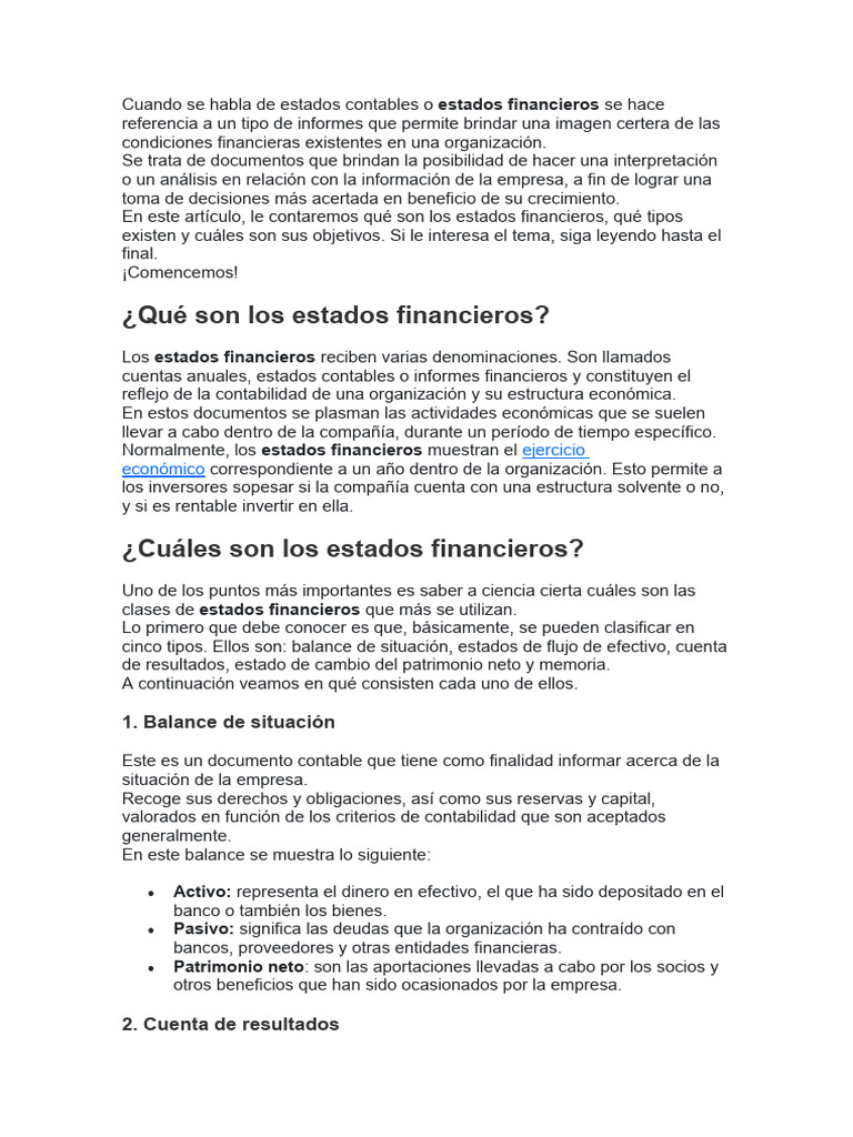 Tipos y Objetivos de Estados Financieros | PDF | Estado financiero ...