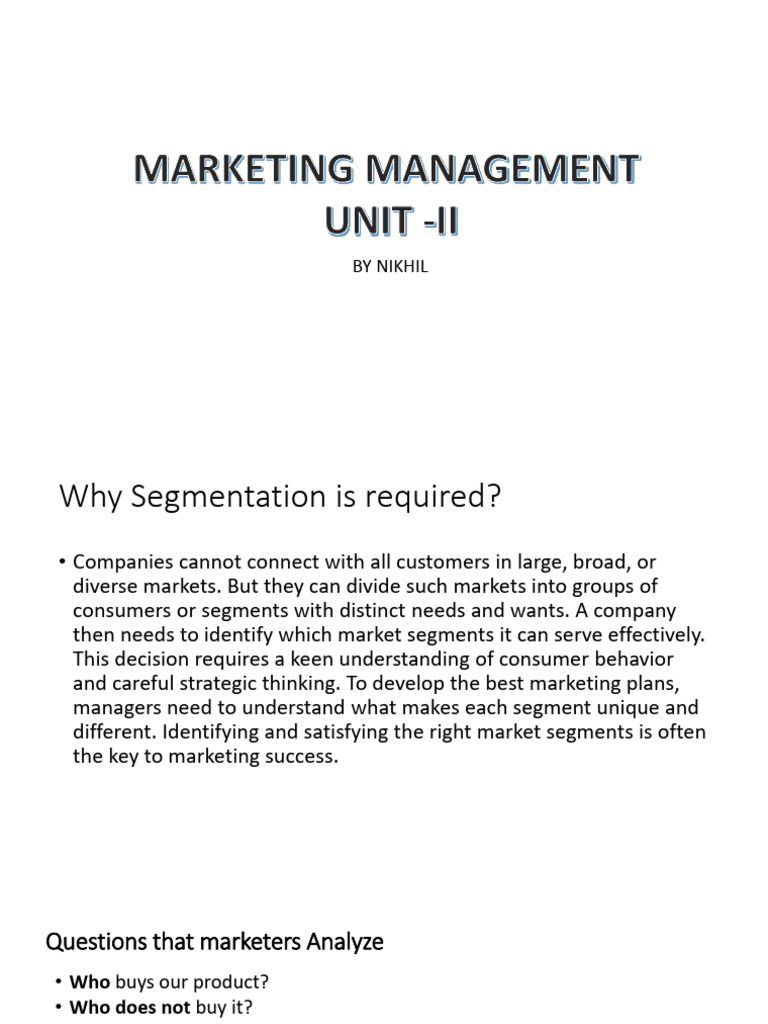 Marketing Management Unit - II | PDF | Market Segmentation | Marketing