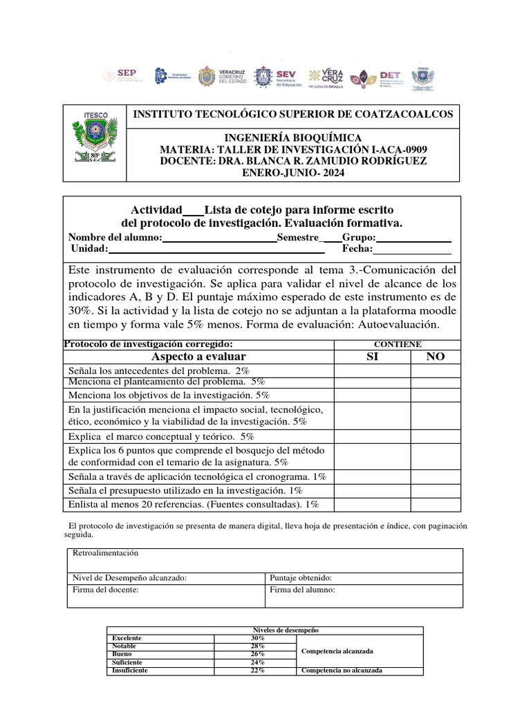Cotejo Protocolo de Investigación I-ACA-0909 | PDF | Evaluación