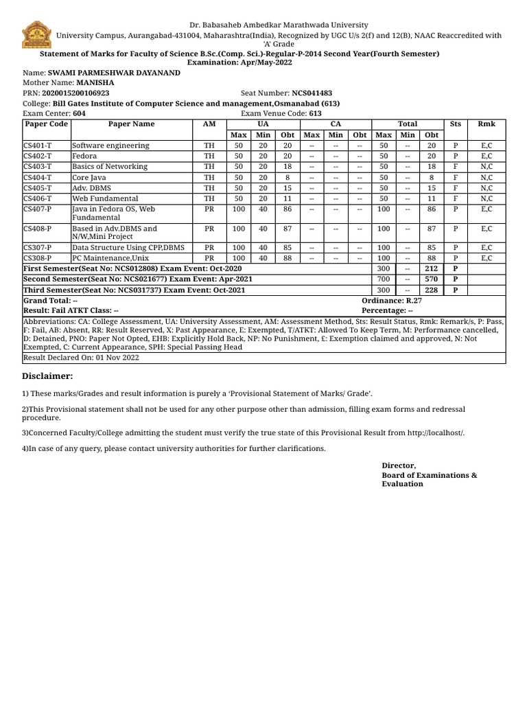 B.Sc. Comp. Sci. Marks Statement 2022 | PDF | Software | Software ...