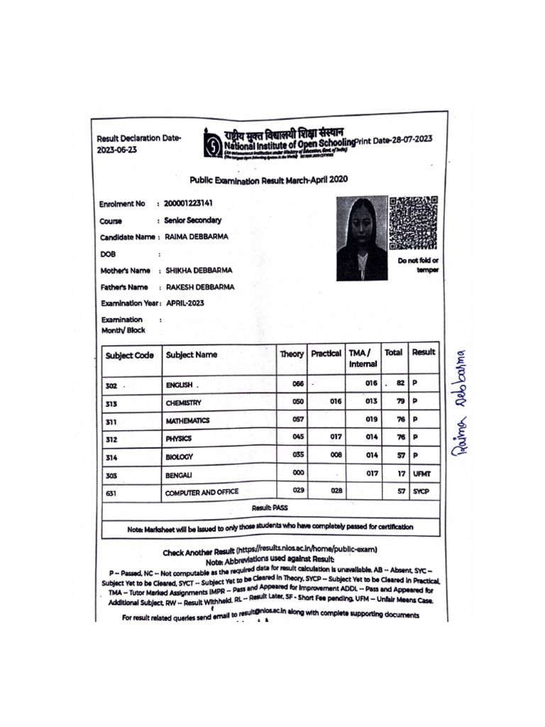 12th Marksheet | PDF