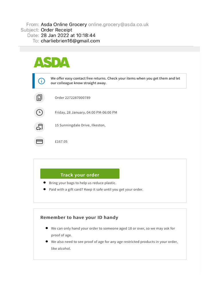 ASDA Order Confirmation & Returns Info | PDF | Sausage | Yogurt