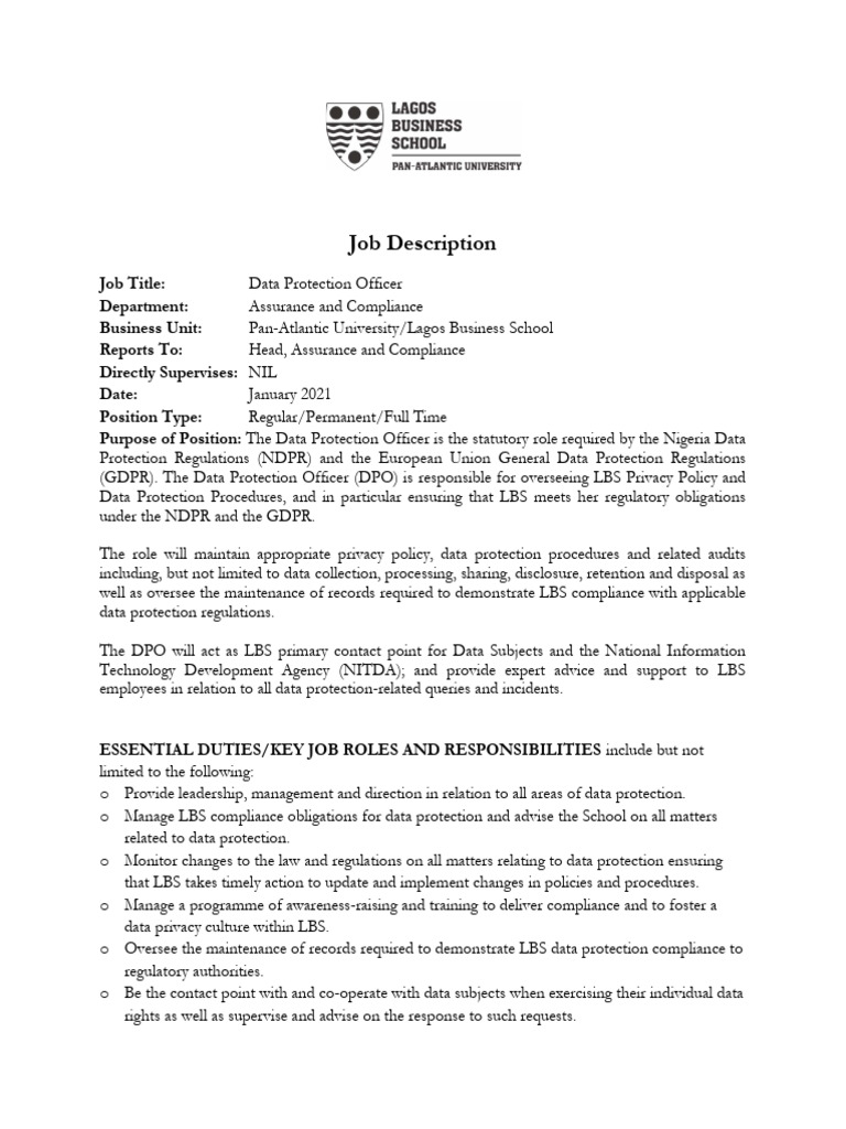 Data Protection Officer Job Description | PDF | Regulatory Compliance ...