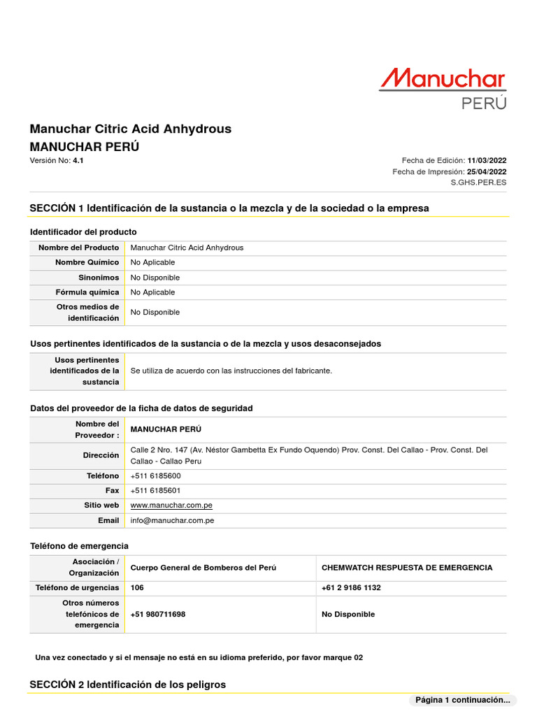 Manuchar citric acid cas 77 92 9 msds descargar gratis pdf