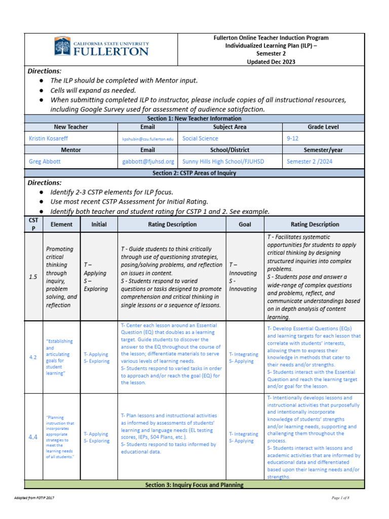 Fullerton Teacher Induction ILP Guide | PDF | Learning | Teachers