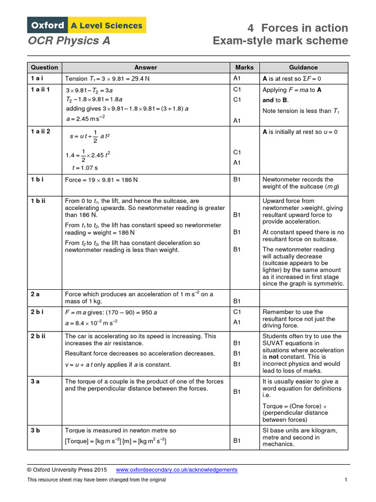 Chapter 4 Test - Mark Scheme 3 | PDF | Force | Torque