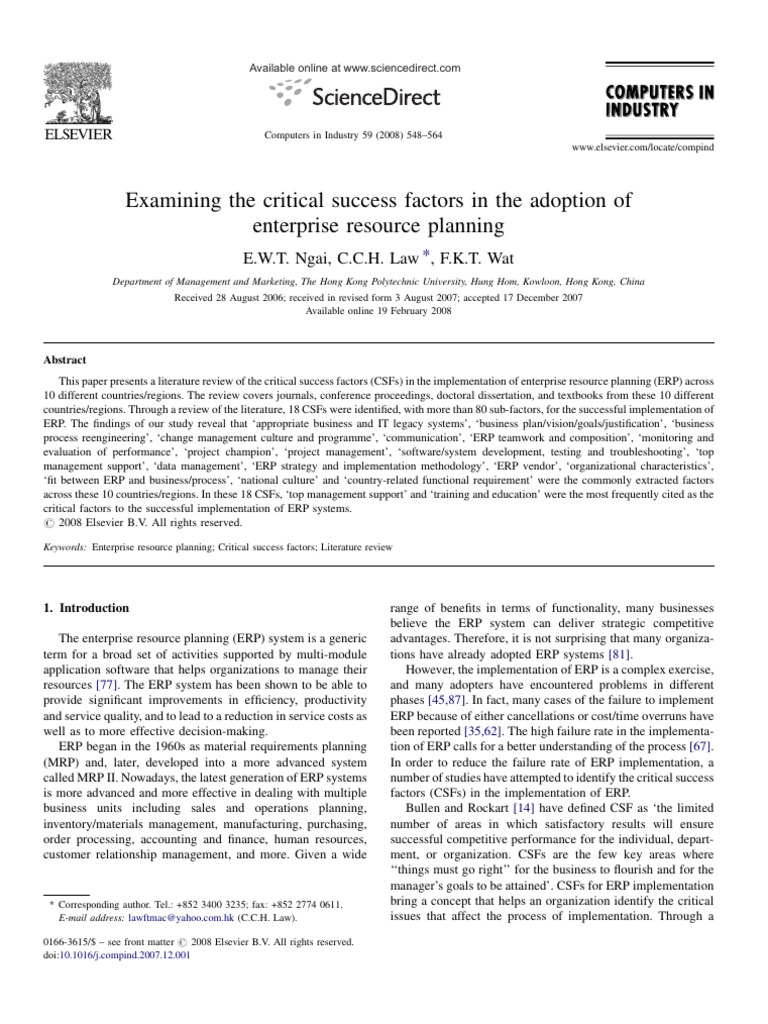 Critical Success Factors for ERP Adoption | PDF | Enterprise Resource ...