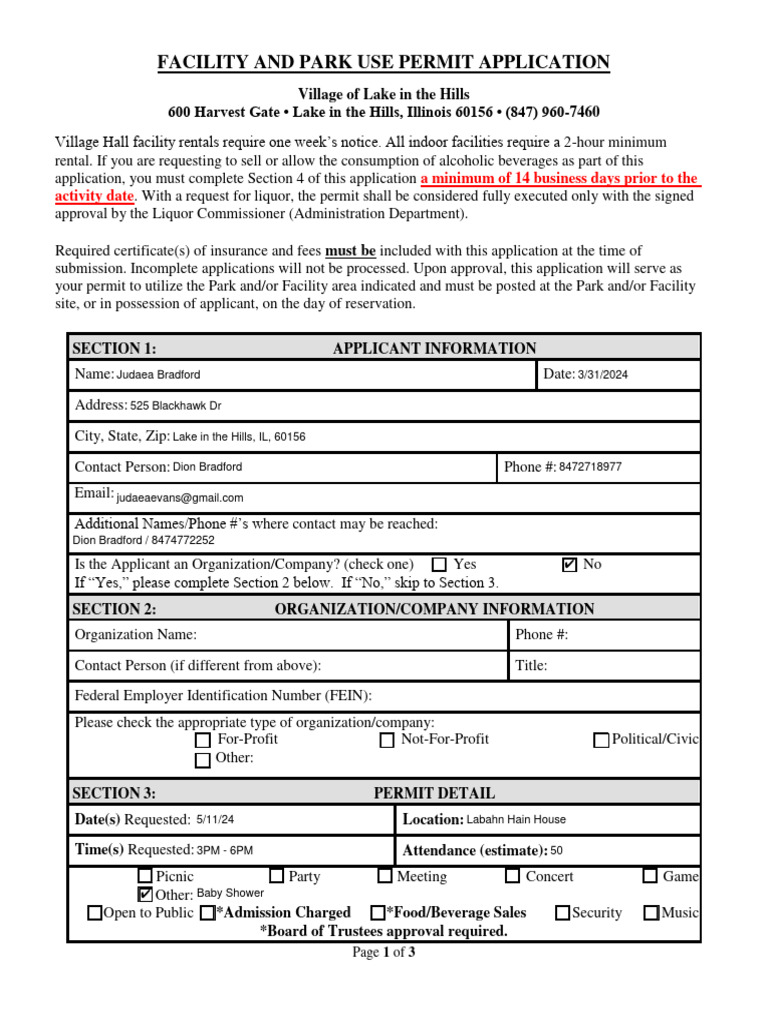 Lake in the Hills Park Permit Form | PDF | Indemnity | Justice