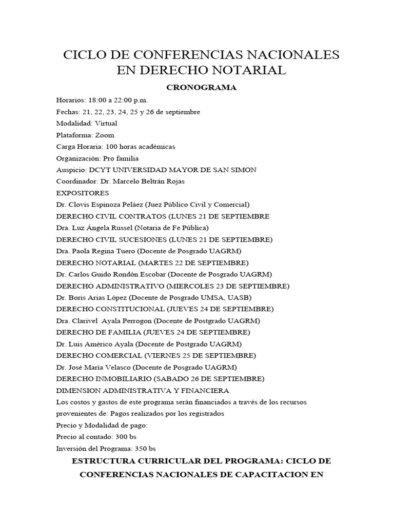 Programa Ciclo de Conferencias en Derecho Notarial 1 | PDF | Herencia ...