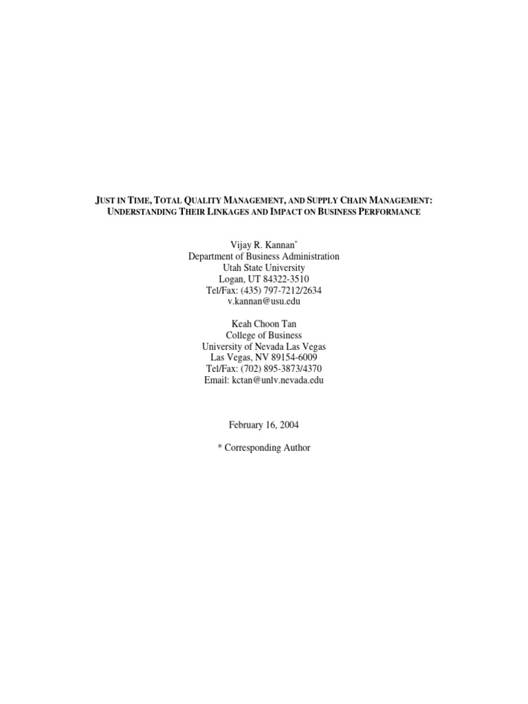 Just in Time Total Quality Management and Supply Chain Manageme | PDF ...