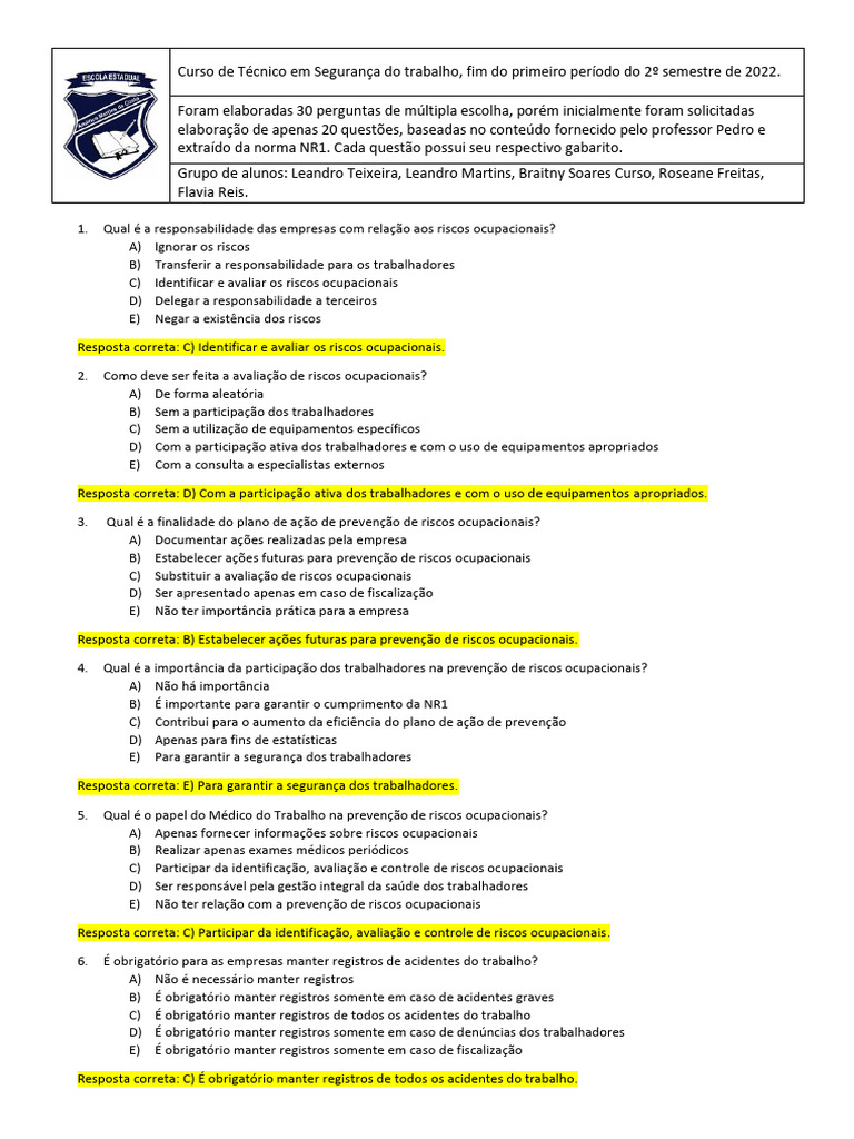 Questões sobre Segurança do Trabalho NR1 | PDF | Segurança e saúde ...