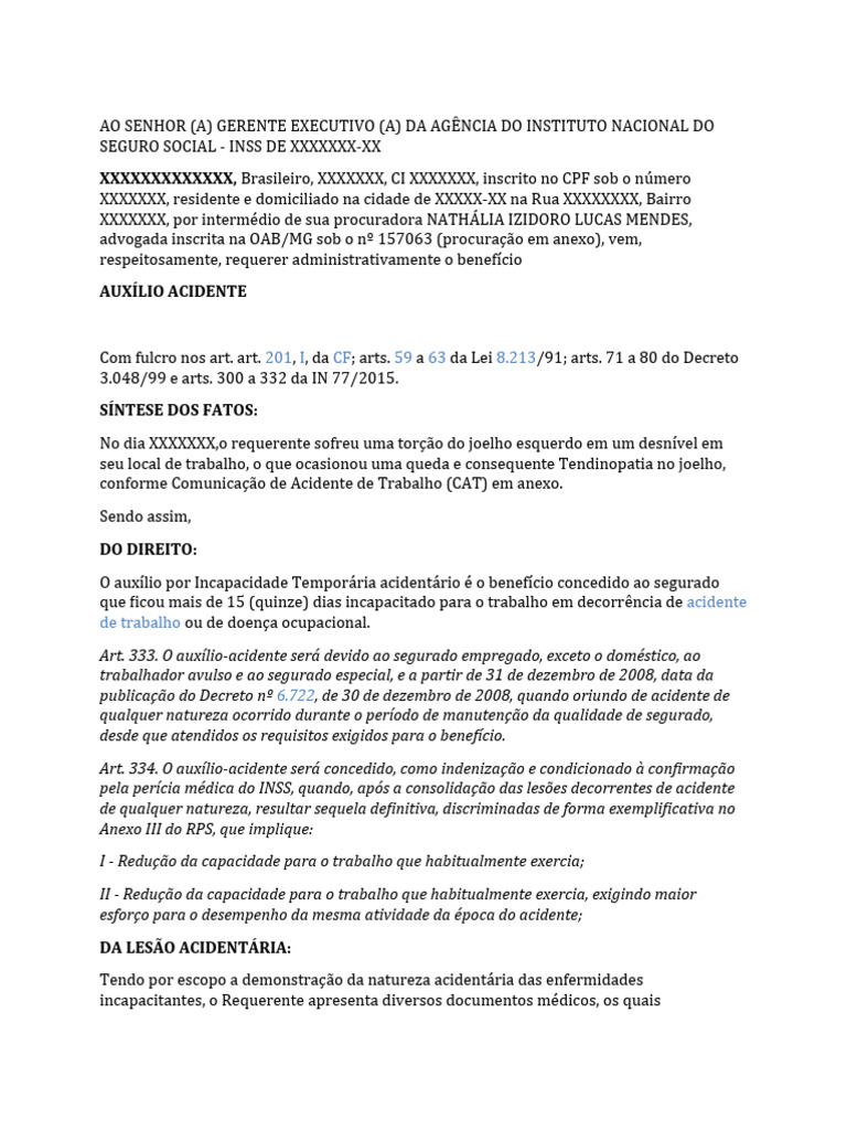 Requerimento de Auxílio Acidente INSS | PDF