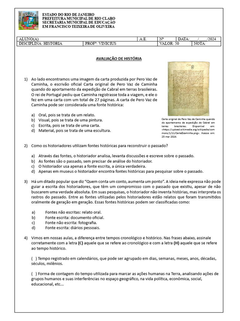 Prova de História - 6 ° Ano. | Download grátis PDF | Humano | Evolução