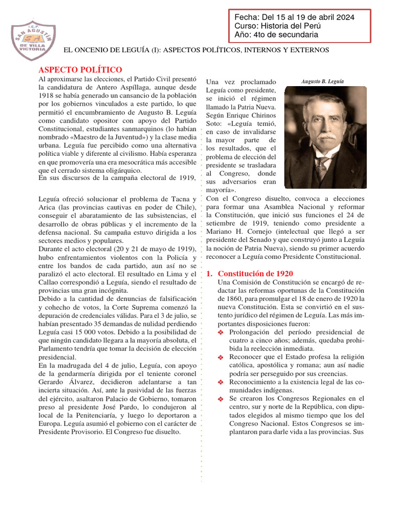 Aspectos Políticos Del Oncenio de Leguía para Cuarto Grado de ...