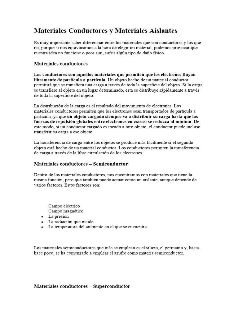 Materiales Conductores y Materiales Aislantes | PDF | Aislador ...