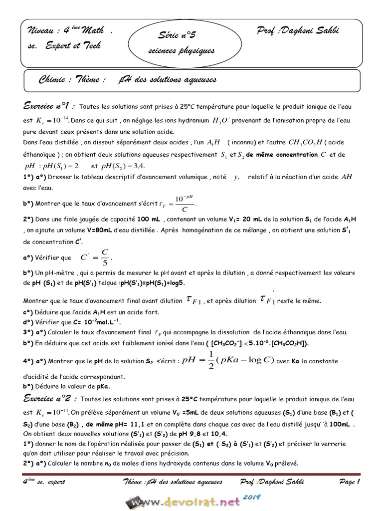 pH des solutions aqueuses : exercices et analyses | PDF | Ph | Acide