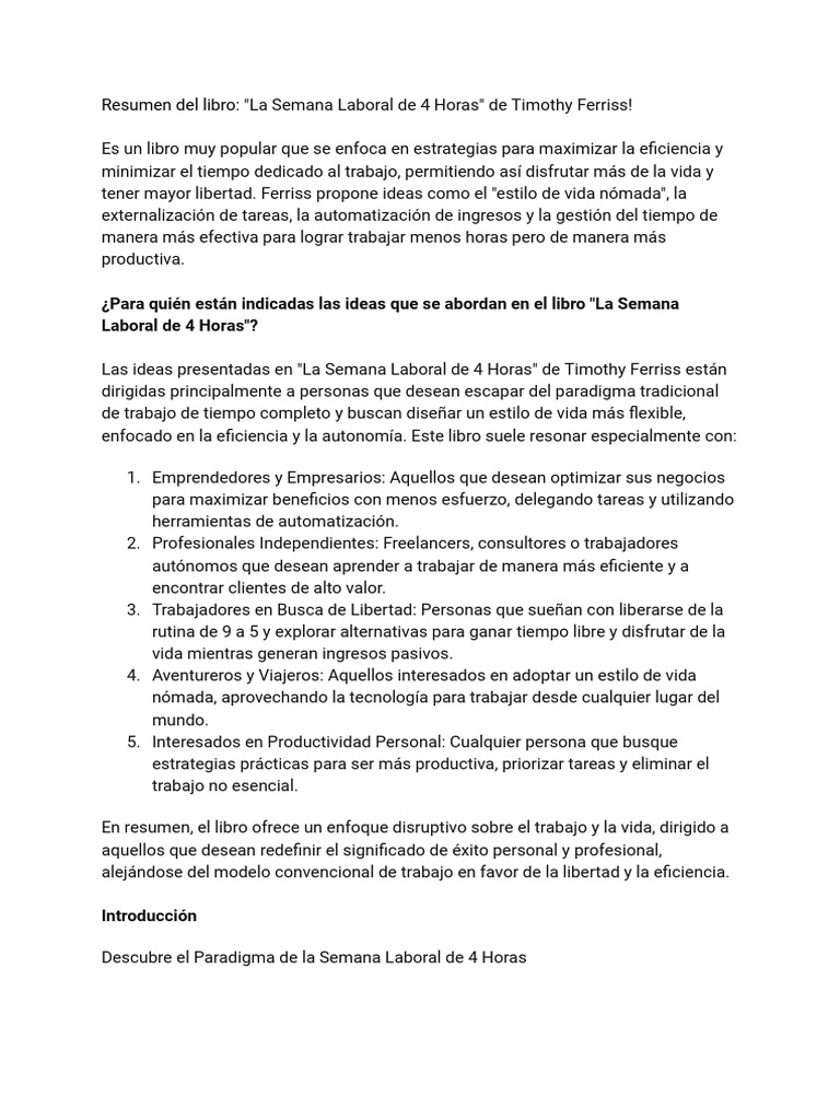 Resumen Del Libro La Semana Laboral De 4 Horas De Timothy Ferriss