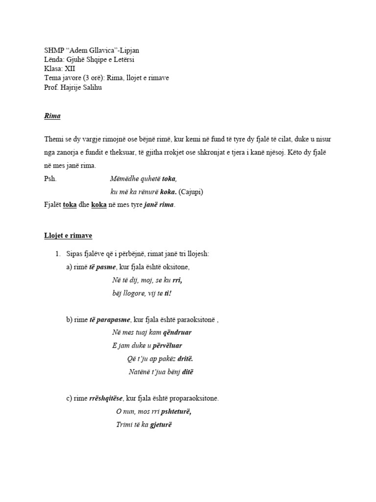 Rima Llojet e Rimave Klxii | PDF
