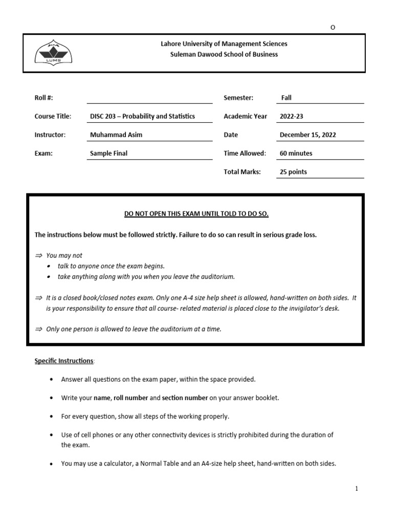 LUMS DISC 203 Sample Final Exam Guide | PDF | Linear Regression ...
