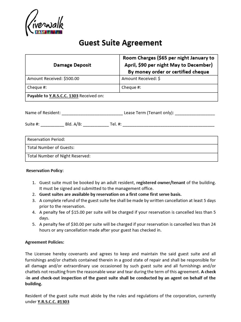 Guest Suite Agreement and Policies | PDF | Lease | Fee
