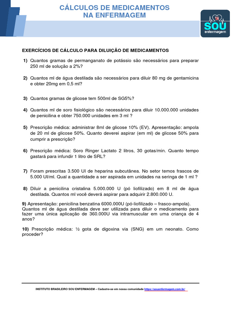 Exercicios de Calculo para Diluicao de Medicamentos | PDF