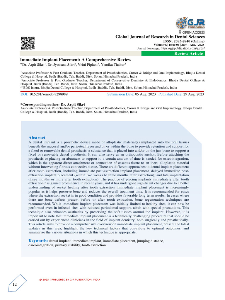 Immediate Implant Placement Overview | PDF | Dental Implant ...