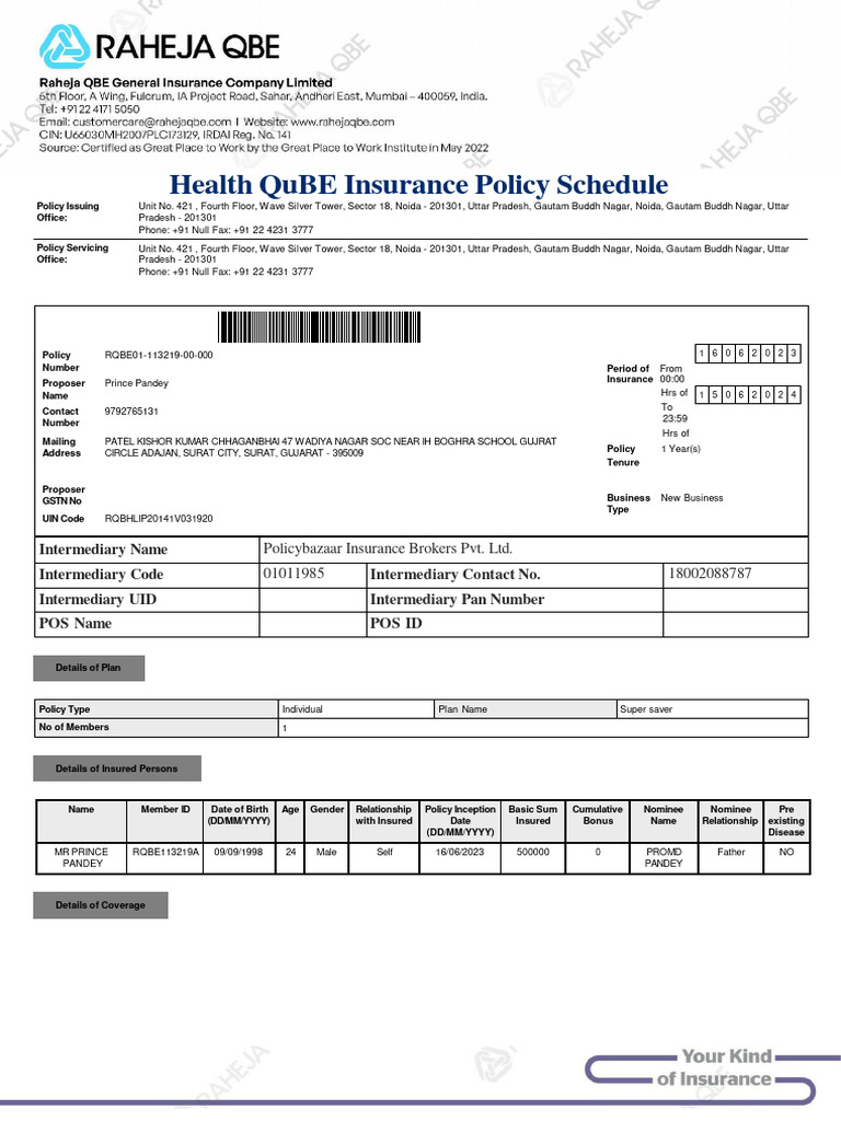 Health QuBE Insurance Policy Schedule | PDF | Insurance | Economies