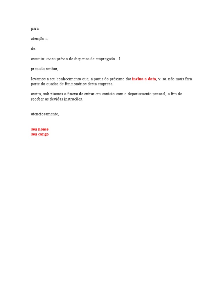 Tst - Modelos de Cartas - Aviso Prévio de Dispensa de 