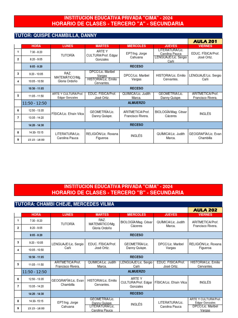 Horario Clases Secundaria 2024 CIMA | PDF