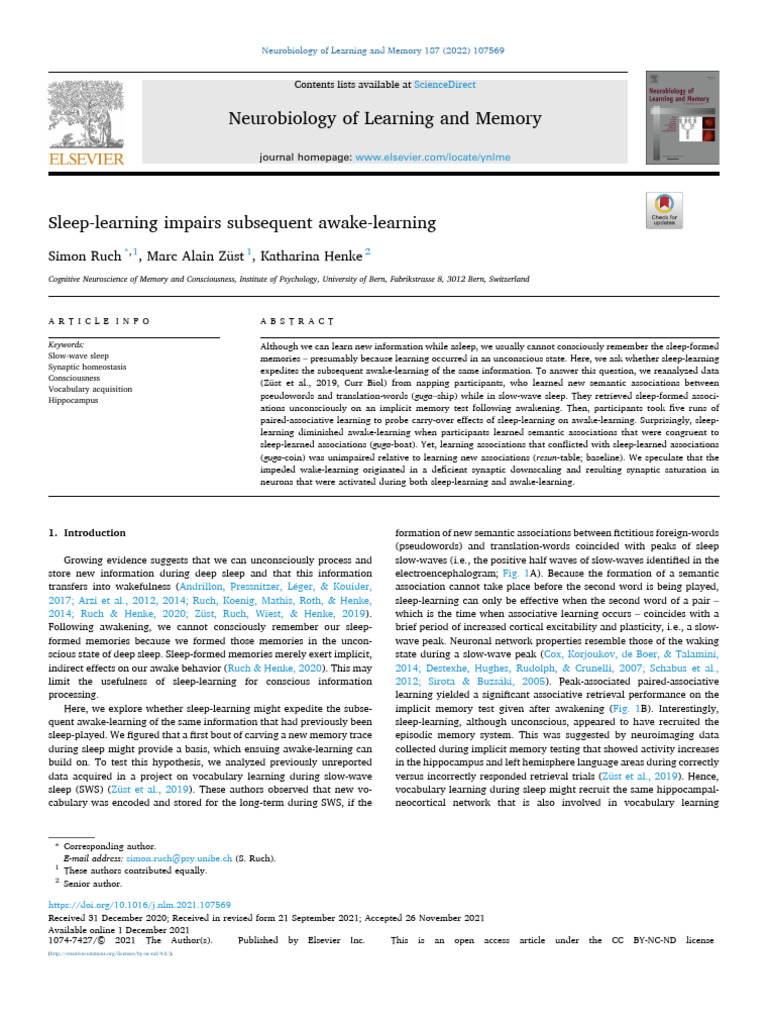 Sleep Learning Impairs Subsequent Awake L - 2022 - Neurobiology of ...
