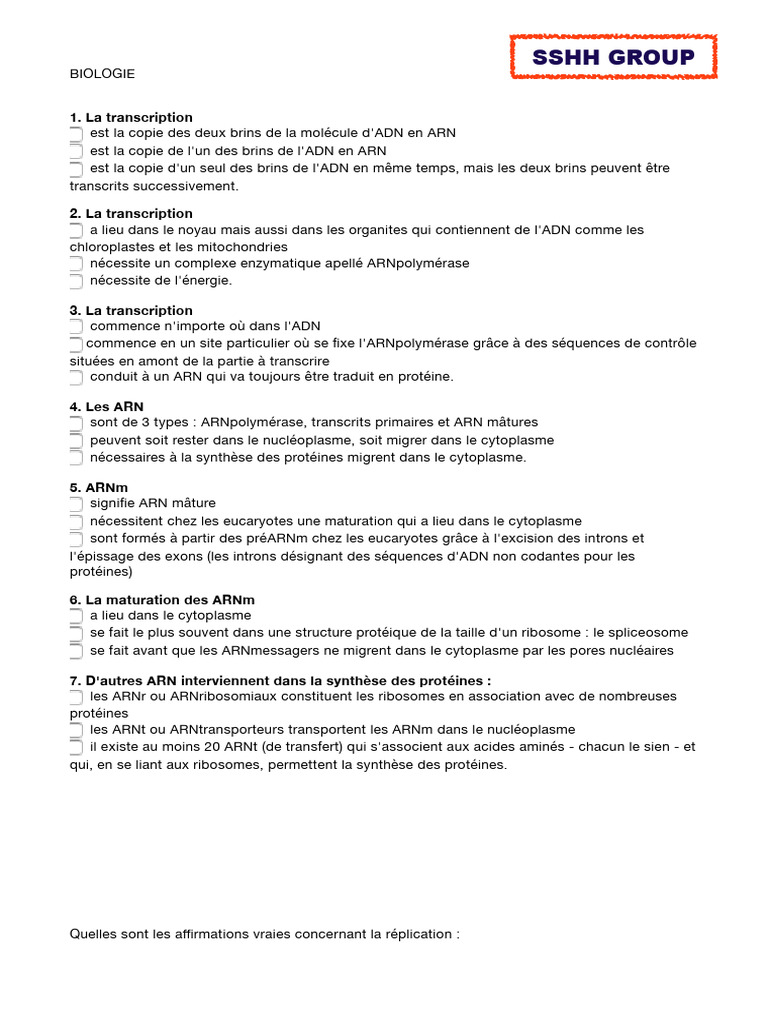 QCM Biologie 1 | PDF | Traduction génétique | Acide ribonucléique messager