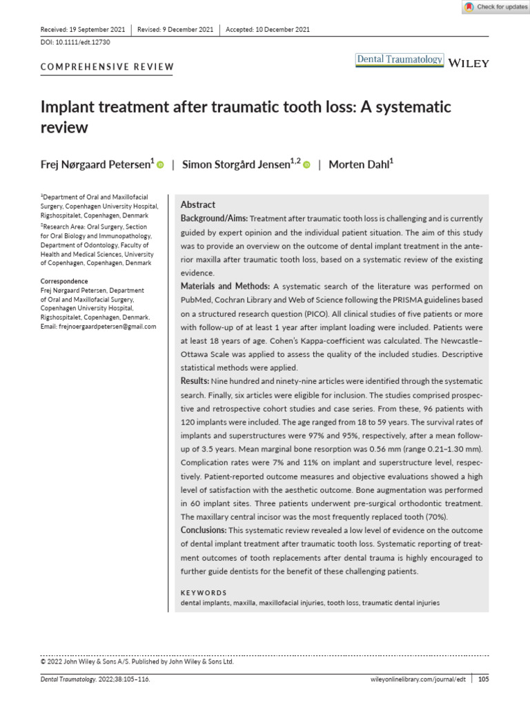 2022 Implant Treatment After Traumatic Tooth Loss SR | PDF | Dental ...