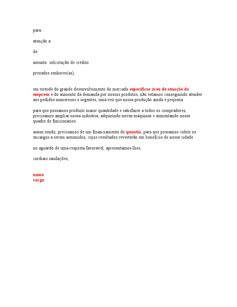 TST Modelos de Cartas Solicitação de Crédito PDF