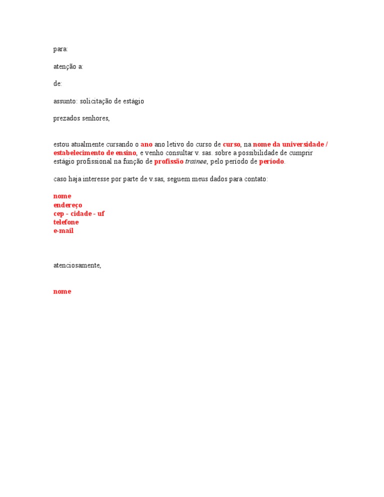 TST Modelos de Cartas Solicitação de Estágio PDF Emprego Trabalho