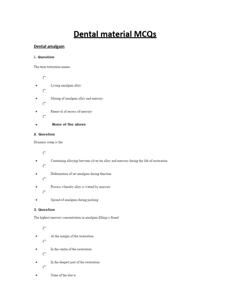 Dental Material MCQs Amalgam Download Free PDF Alloy Silver