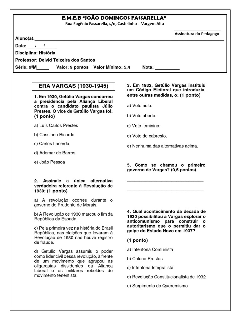 Atividades sobre a Era Vargas para 9º Ano | PDF | República | Brasil