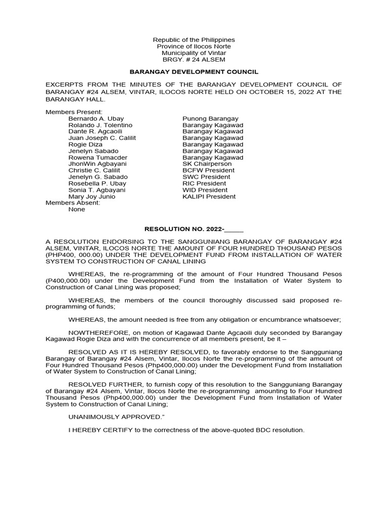 Resolution Endorsing-Canal Lining | PDF