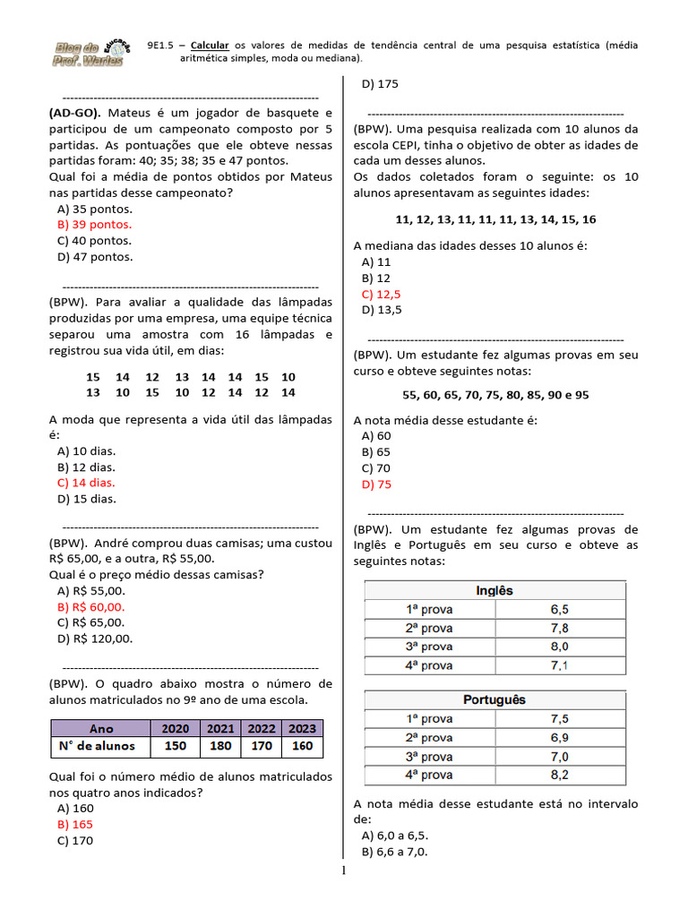 9e1.5 Moda Media e Mediana | PDF | Média | Mediana (Estatística)
